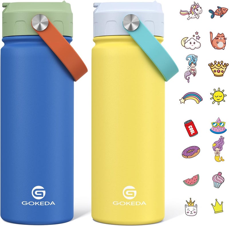 GOKEDA 18oz Kids Water Bottle, 2 Pack Insulated Bottles with Stickers, 18/8 Stainless Steel Vacuum Leak Proof Straw Cup for School, Gifts for Boys Girls(BlueYellow+GreenBlue) - Image 1